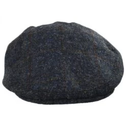Stornoway Harris Tweed Wool Windowpane Plaid Flat Cap - Navy Blue