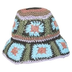Fergie Granny Square Hand Crochet Toyo Straw Bucket Hat -ChicHeadwear Haven 432330
