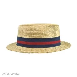 Striped Band Wheat Straw Skimmer Hat -ChicHeadwear Haven 75983